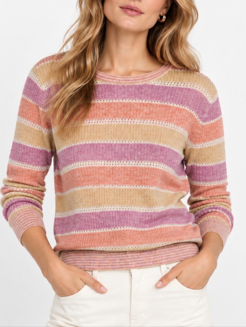 Veronica Beard Striped Pastel Knit Sweater - Pink, Peach, Cream